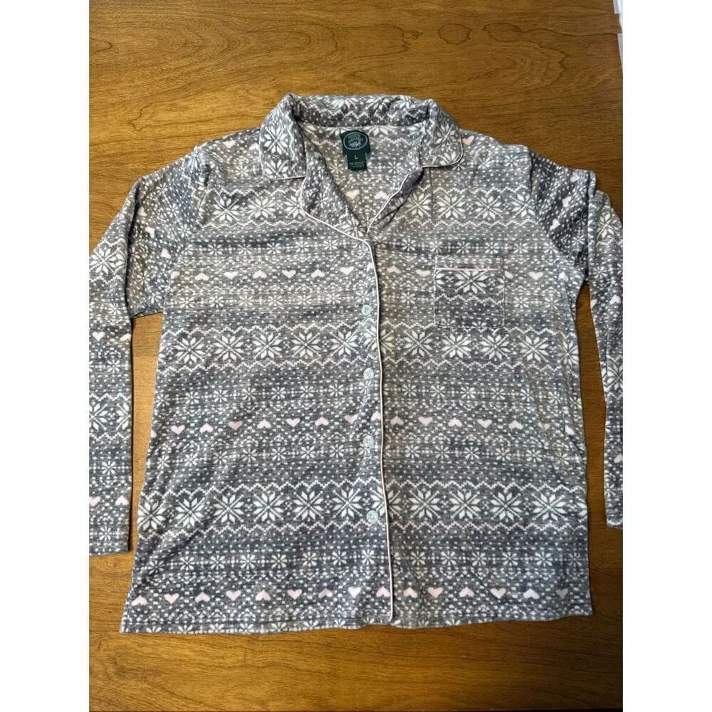 Laura Ashley Women's Snowflakes Long Sleeve Button Front PJ Top Gray Large NWOT